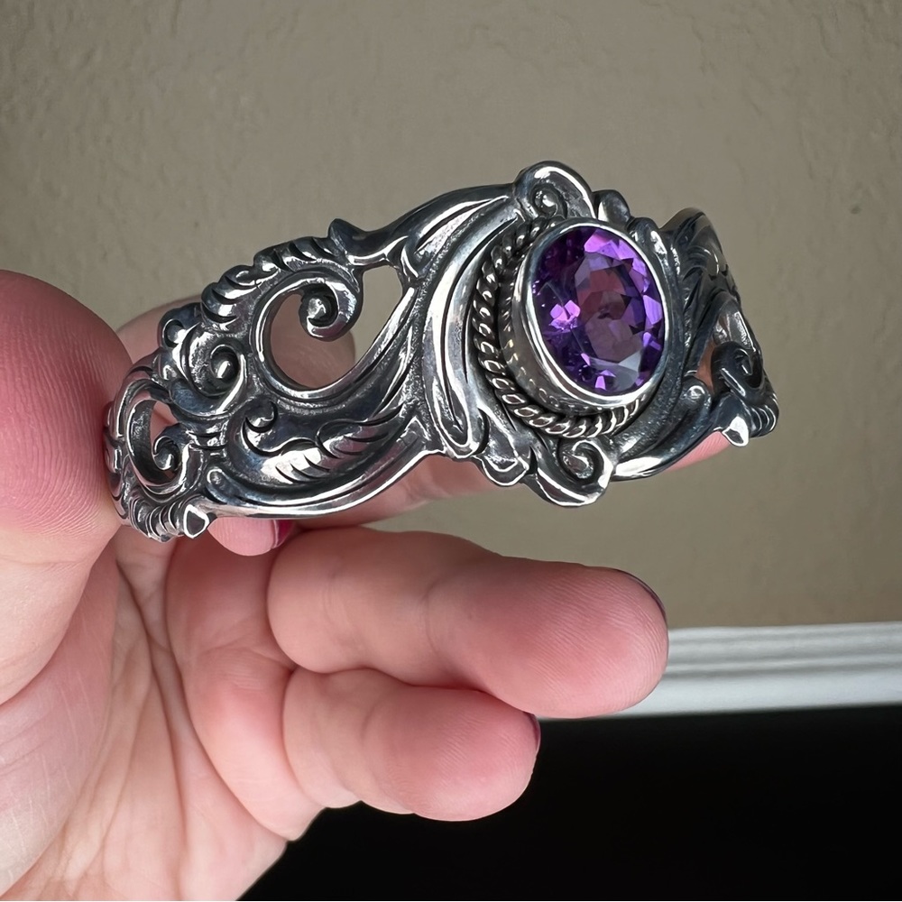 Vintage Sterling Silver and Amethyst Cuff, Ornate Bracelet, February Birthstone - Picture 7 of 10